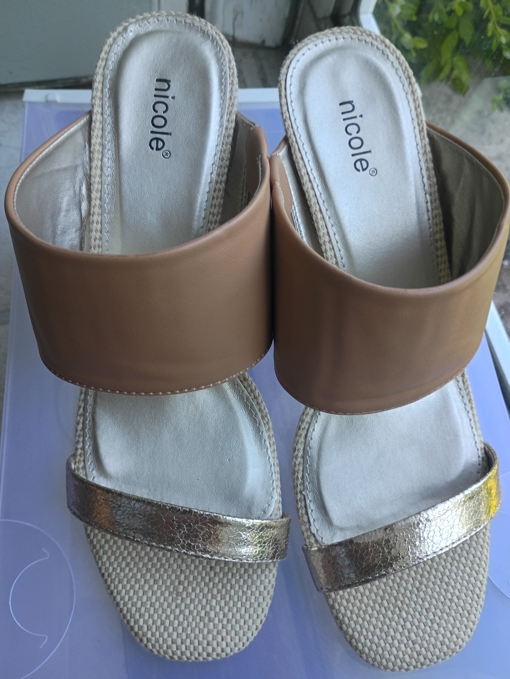 Nicole Tan Slide Mules with Gold Toe Strap